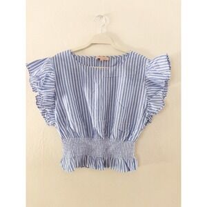 Philosophy Striped Ruffle Sleeve Smocked Blouse Top Blue White Size M